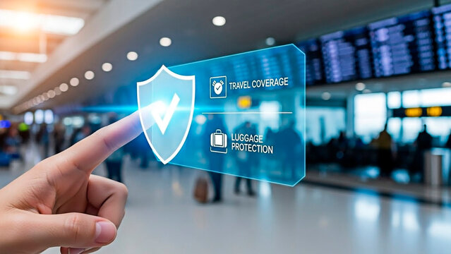 Digital interface for travel insurance with a finger touching the screen in an airport for the concept of travel safety and security.