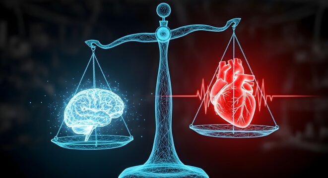 The balance of heart and brain in a scale, symbolizing the dichotomy of logic versus emotion.