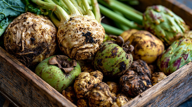 Gnarled celeriac roots, loose cardoons, knobby quince fruits, and muddied sunchokes piled in a weathered wooden market crate, overhead aerial with raking autumn warehouse light emphasizing soil-dust