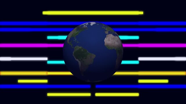 Planet world animation tracks neon light lines over Earth. Global planet world animation rotates dark world maps. Tech planet world animation loops spatial database travel networks.