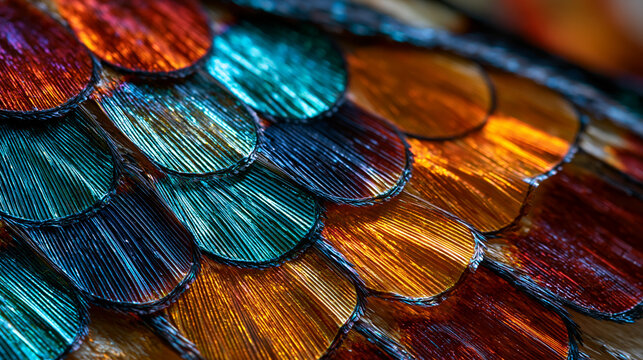 Lepidoptera moth wing scale arrangement under epi-illumination, overlapping chitinous scales in roof tile pattern, each scale surface bearing longitudinal ridges creating structural coloration throu