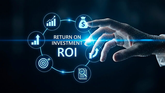 Return on Investment ROI concept with glowing icons and a hand interaction.