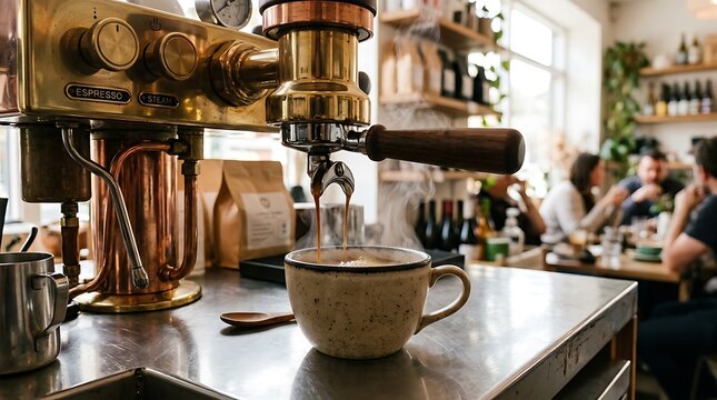 Coffee machine pouring espresso into a speckled ceramic mug on a stainless steel counter