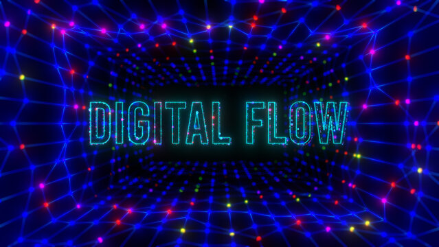 Neon DIGITAL FLOW typography positioned within a vibrant digital network tunnel featuring colorful glowing nodes, interconnected lines, and immersive futuristic technology aesthetics.