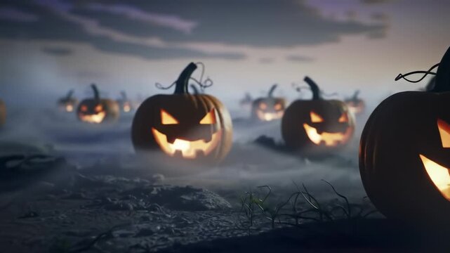 Lit carved pumpkins in a foggy field on a spooky Halloween night