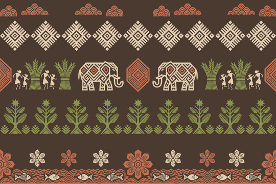 Warli-inspired tribal border illustration featuring decorated elephants, geometric ornaments, and ethnic folk motifs in warm earthy tones. Seamless horizontal pattern for textile and surface design.