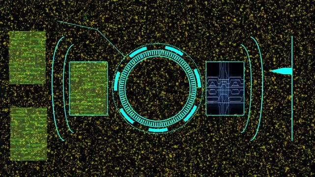 HUD interface animation designs advanced computer screen frames. Cyber HUD interface animation details circuit board paths. Tech HUD interface animation targets circular reticles.