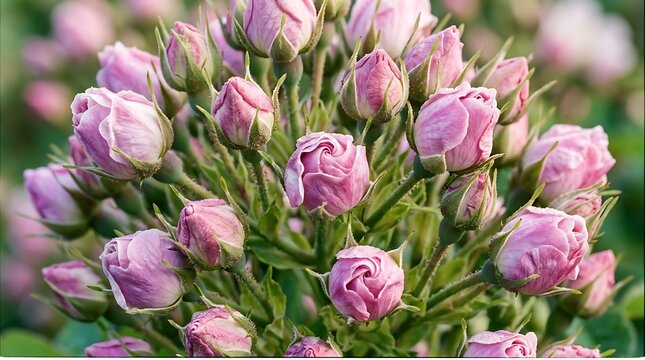 Pink rosebuds in a lush green garden setting with blurred background