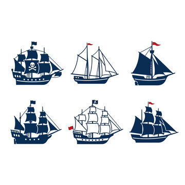 A collection of six vintage pirate ship silhouettes on white