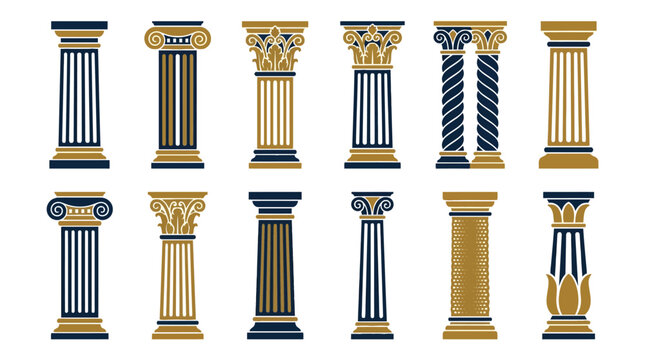 Collection of classic greek and roman architectural columns