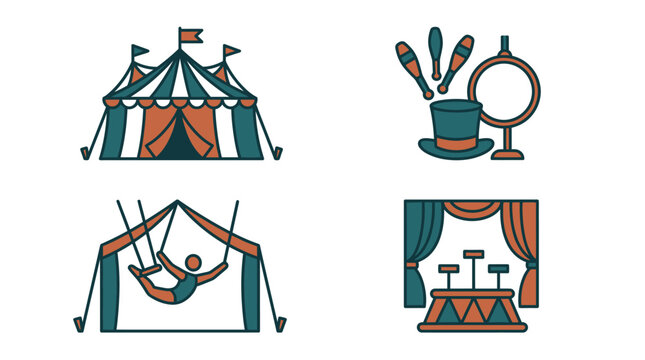 A set of colorful icons representing a traditional circus show