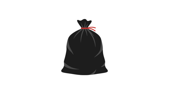 A black plastic garbage bag tied with a red string