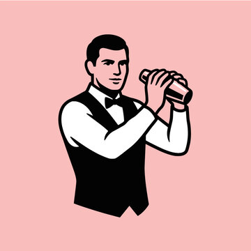 Retro bartender shaking a cocktail shaker on pink background