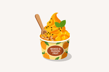 Mango and passion fruit soft serve ice cream with wooden spoon vector. Tropical sundae cup with passion fruit seeds, mango chunks, and mint leaf. © Akasha Design
