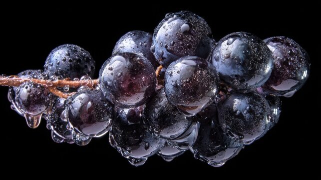 Grapes hanging from a wooden stem show glistening moisture on their dark skins while being isolated against a pitch black background to highlight their natural beauty and high nutritional value.