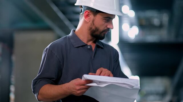 Helmeted engineer holding project documents and looking up inside a smart parking facility, inspecting automated parking systems and supervising modern garage operations with a focused professional pr