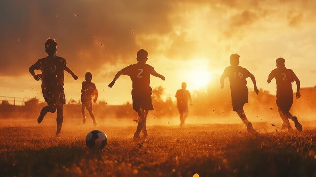 Children playing soccer run across a dry field during a golden sunset while kicking a ball in an energetic youth sports match that highlights the joy of outdoor activity and team competition at dusk.