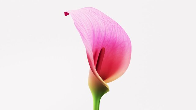 Bright pink calla lily flower slowly blooming in close-up with detailed petal veins and elegant lines, horizontal minimalist nature animation on white background