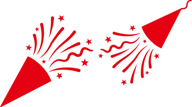 Red party popper vector icons with exploding confetti and stars, festive celebration crackers, minimalist holiday surprise graphics on white background