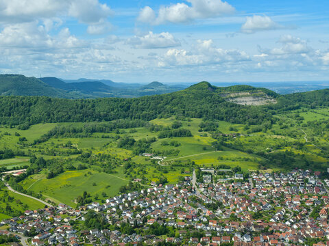 germany, stunning aerial perspective above neuffen town with scenic rooftops and surrounding swabian jura beauty