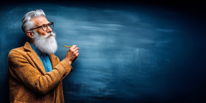 Elegant elderly man writing on chalkboard in thoughtful classroom portrait.

