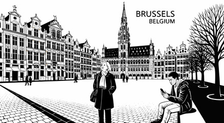 Brussels Grand Place City Square Illustration Vector Design Featuring People In A Historic Belgian Plaza Sketch Style Architectural Artwork 24 © Purnomo Semlirick