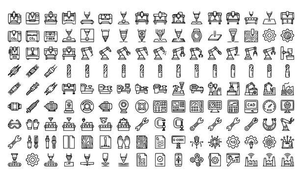 Laser Cutting and CNC Milling Machine Line Icons Set Industrial Manufacturing Editable Stroke Vector Collection