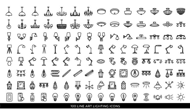 Modern Lighting Line Icons Set Lamps Chandeliers and Ceiling Fixtures Editable Stroke Vector Collection