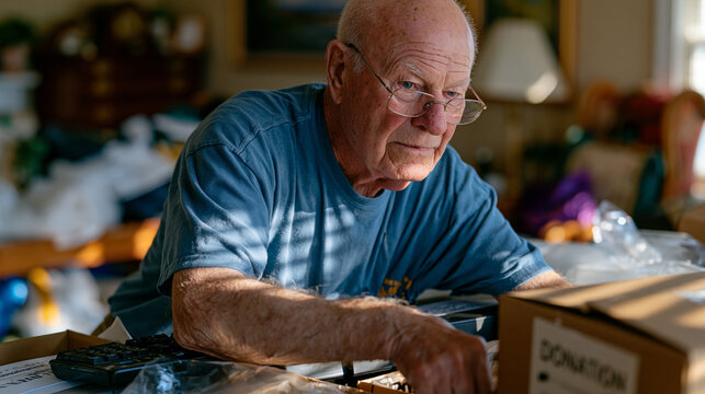 Elderly widower sorting through deceased spouse's belongings in family home preparing for estate sale, living room full of tagged antique furniture, quiet solitary grief, boxes labeled for donation,