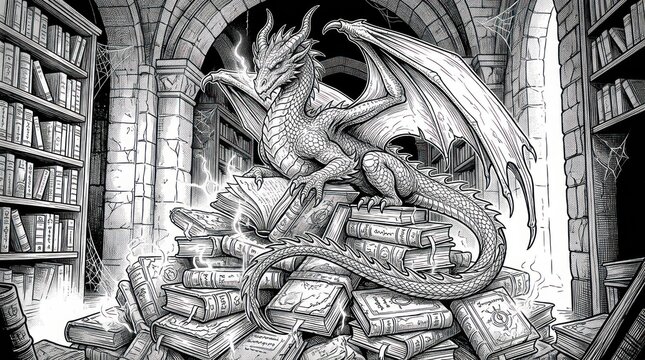 Dragon hoarding books in stone library with arched architecture