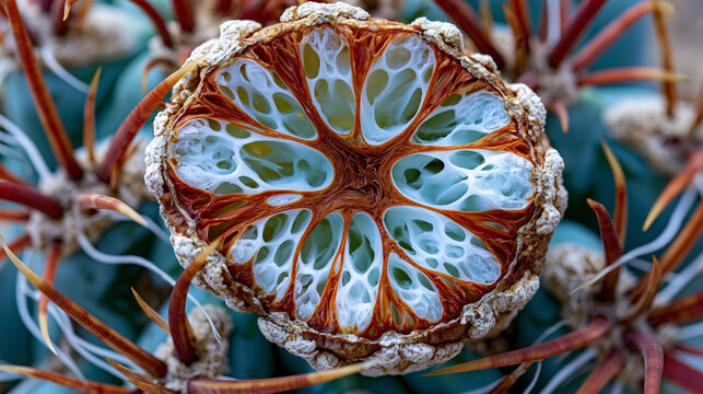 Ferocactus barrel cactus halved on horizontal plane showing internal parenchyma water storage tissue and central vascular strand, succulent anatomy macro for desert plant science botanical illustrat