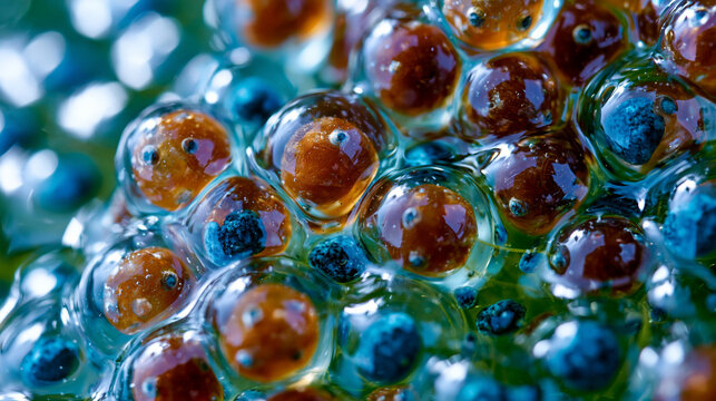 Frog spawn mass floating in freshwater pond, rana temporaria or bufo bufo gelatinous egg matrix macro, individual embryo visible within translucent jelly capsule at gastrulation stage, amphibian rep