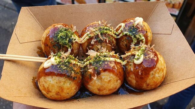 Freshly cooked Japanese takoyaki drizzled with savory sauces inside takeaway box, steaming street food