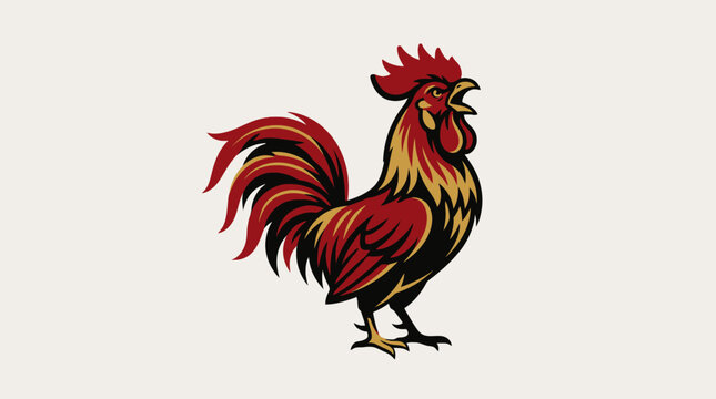A colorful rooster crowing loudly on a plain background