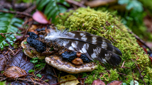 Hawk primary flight feather molted onto moss covered forest floor, accipiter or buteo remige resting among decomposing leaf litter and bracket fungi, raptor molt evidence, woodland floor natural his
