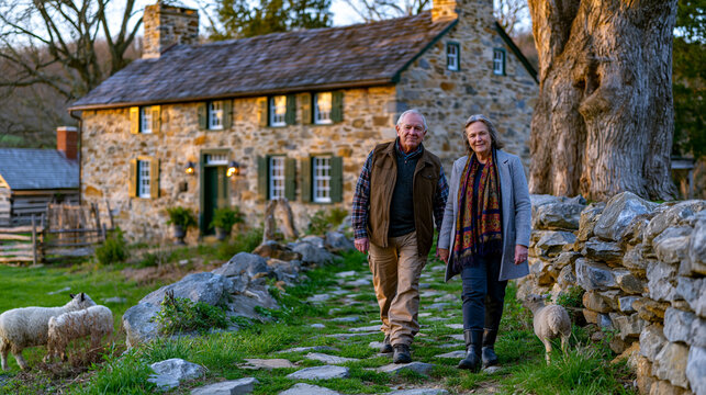 Historic stone farmhouse being assessed for preservation easement with state heritage officer and aging owner walking exterior together, architectural significance documentation, rural pastoral sett
