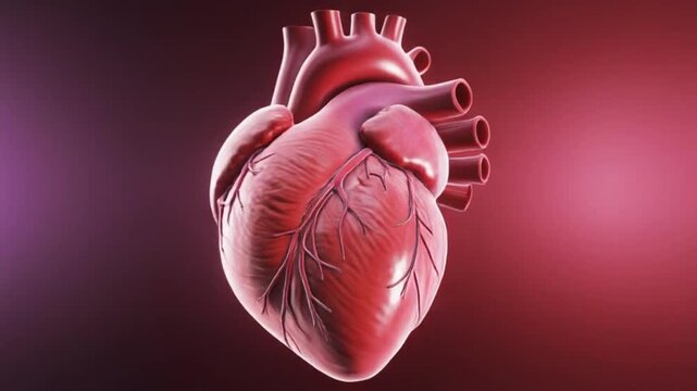 Animation video of a human heart, captured in a cinematic close-up with professional studio lighting and a bright, high contrast background