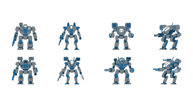 Collection of futuristic combat robot icons on white background