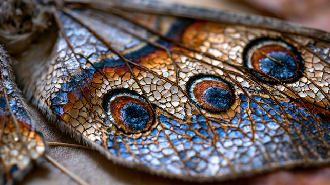 Moth wing lepidopteran scale mosaic macro, overlapping chitin tiles forming intricate eyespot ocelli pattern, nocturnal insect wing venation network, cryptic camouflage coloration detail, entomology