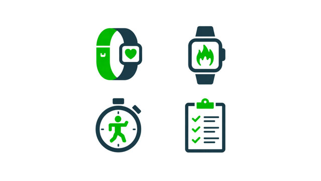 Set of four fitness and health tracking smartwatch icons with clock faces Vector