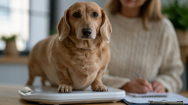 Veterinary nutritionist reviews body condition score chart beside overweight dachshund standing on clinic scale as concerned owner takes notes on weight management meal plan