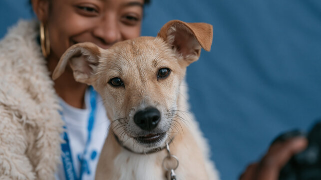 Shelter volunteer photographs small rescue dog posed on standardized backdrop inside adoption photo station to create compelling adoption listing content as marketing coordinator
