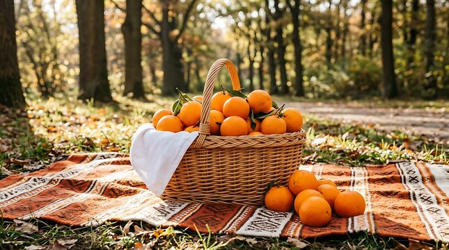 A wicker basket filled with oranges on a blanket in the forest