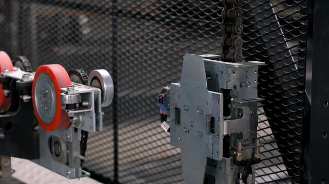 Close-up of a smart parking system mechanism with metal components, rollers, chain drive and safety mesh, showing automated garage technology used for modern vehicle parking operations.