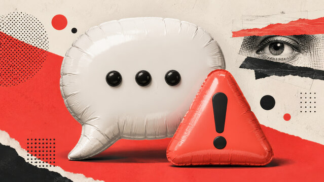 Abstract collage background with an inflatable chat bubble and red warning sign representing online privacy risk and data security hacking