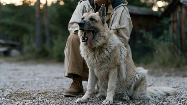 Dog trainer demonstrates desensitization technique by calmly approaching reactive rescue with high value treat pouch at precise threshold distance capturing active behavior