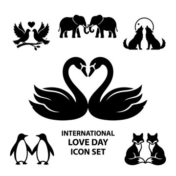 International Love Day Animals Silhouette Icon Set