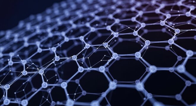 Close-up view of a hexagonal network structure with connected nodes on a dark background