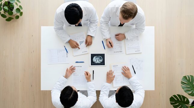 Doctors collaborating around conference table from above