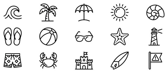 Fototapeta premium Beach and summer icons set. Vacation and holiday travel concept. Includes ocean wave, palm tree, beach umbrella, sun, seashell, flip-flops, beach ball, sunglasses, starfish, lighthouse, swim
